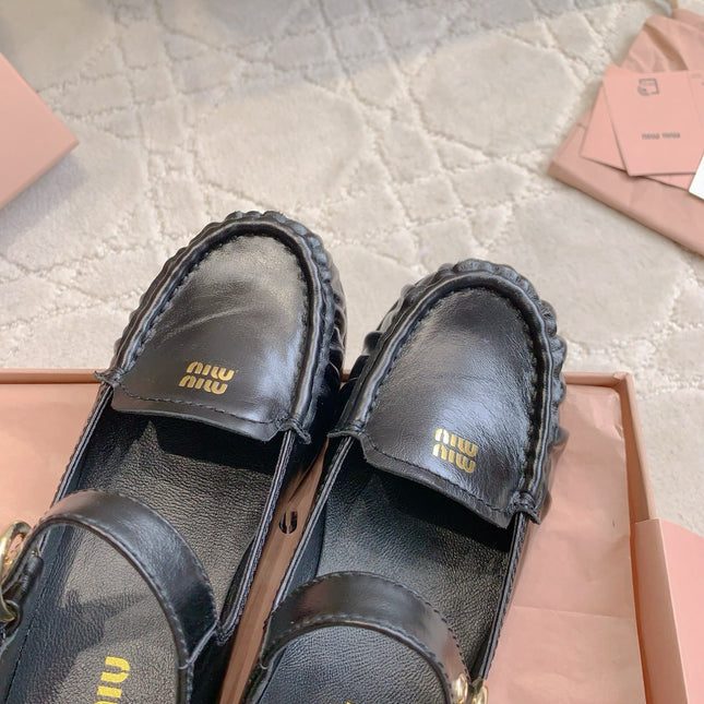 MIUMIU 26S LOAFERS IN BLACK CALFSKIN WITH STRAP