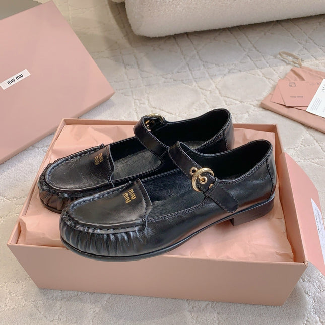 MIUMIU 26S LOAFERS IN BLACK CALFSKIN WITH STRAP