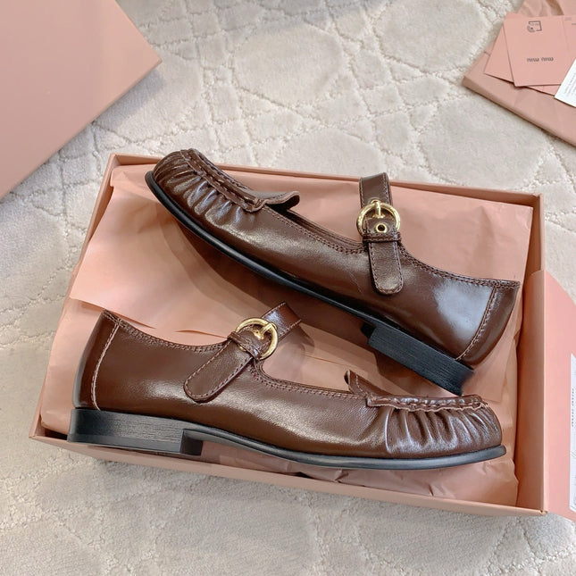 MIUMIU 26S LOAFERS IN BROWN CALFSKIN WITH STRAP