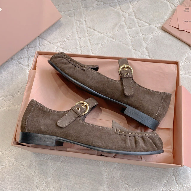 MIUMIU 26S LOAFERS IN BROWN SUEDE WITH STRAP