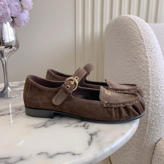 MIUMIU 26S LOAFERS IN BROWN SUEDE WITH STRAP