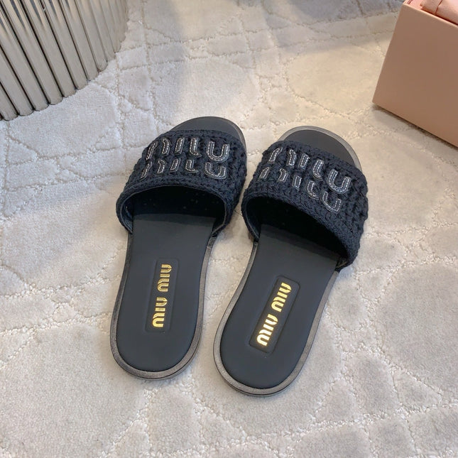 MIUMIU 26S SLIDE SANDALS IN BLACK CALFSKIN AND WOOL