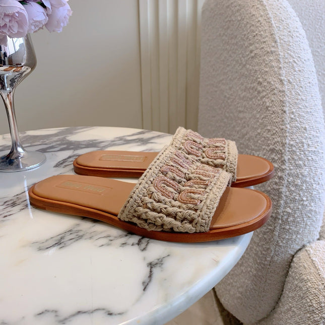 MIUMIU 26S SLIDE SANDALS IN LIGHT BROWN CALFSKIN AND WOOL
