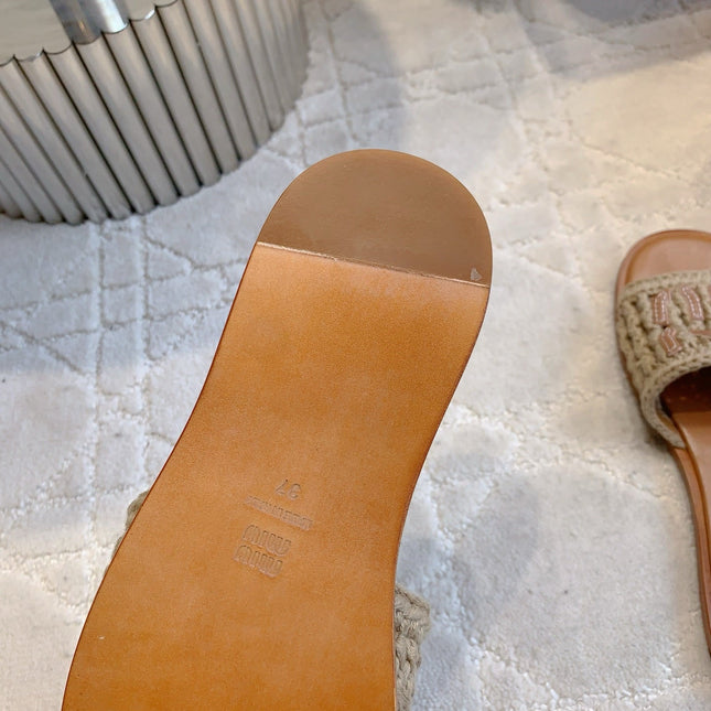 MIUMIU 26S SLIDE SANDALS IN LIGHT BROWN CALFSKIN AND WOOL