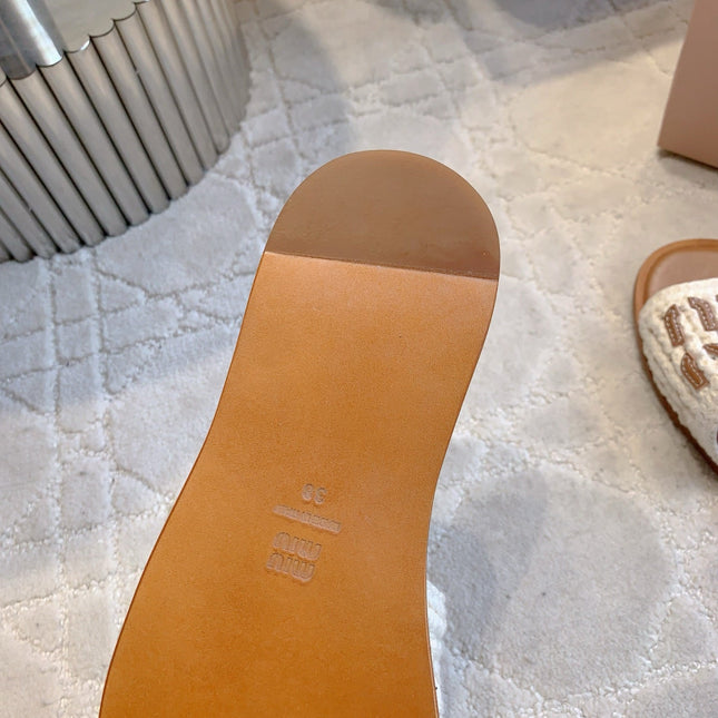MIUMIU 26S SLIDE SANDALS IN WHITE CALFSKIN AND WOOL