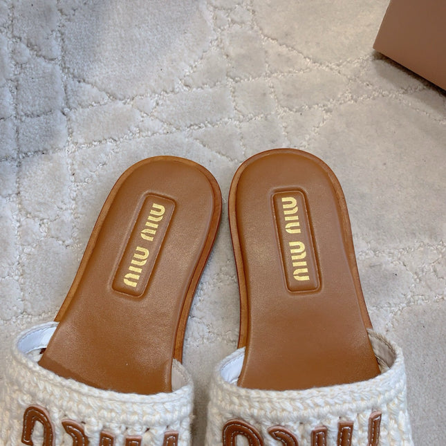 MIUMIU 26S SLIDE SANDALS IN WHITE CALFSKIN AND WOOL