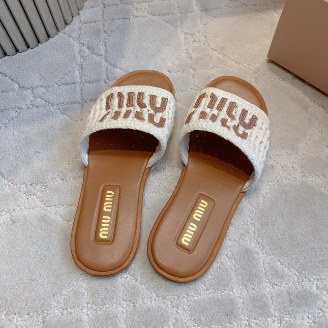 MIUMIU 26S SLIDE SANDALS IN WHITE CALFSKIN AND WOOL