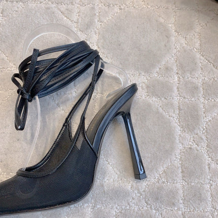 YSL 26S ANKLE-WRAP HEELED SLINGBACKS 90 MM IN BLACK MESH FABRIC
