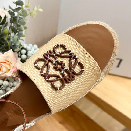 Loew Anagram Beige Brown Leather And Canvas Espadrille Sandals