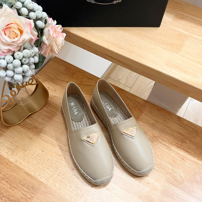 PRADA 26S LOGO ESPADRILLE SLIP ON FLATS IN DARK BEIGE CALFSKIN