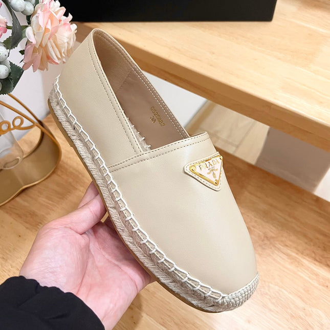 PRADA 26S LOGO ESPADRILLE SLIP ON FLATS IN DARK BEIGE CALFSKIN