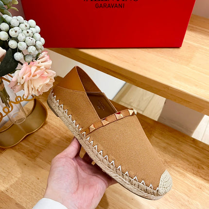 VALENTINO 26S SLIP ON SHOES IN BROWN CANVAS WITH ROCKSTUDS