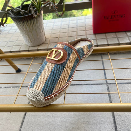 VALENTINO 26S ESPADRILLE MULES IN BLUE AND BEIGE RAFFIA
