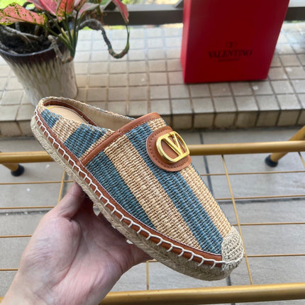 VALENTINO 26S ESPADRILLE MULES IN BLUE AND BEIGE RAFFIA