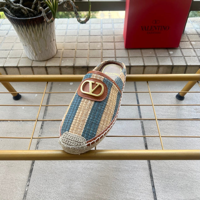 VALENTINO 26S ESPADRILLE MULES IN BLUE AND BEIGE RAFFIA