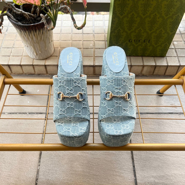 GUCCI 26S WEDGE SANDALS 100 MM IN LIGHT BLUE DENIM
