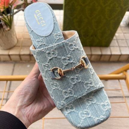 GUCCI 26S WEDGE SANDALS 100 MM IN LIGHT BLUE DENIM