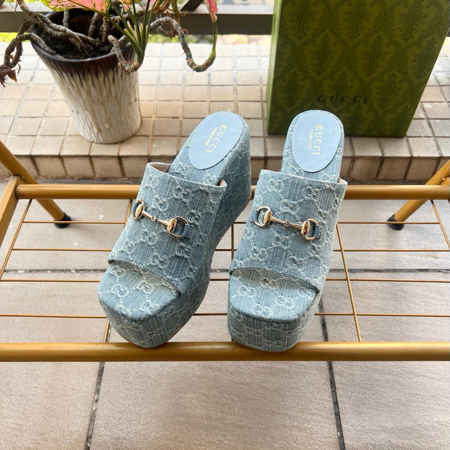 GUCCI 26S WEDGE SANDALS 100 MM IN LIGHT BLUE DENIM