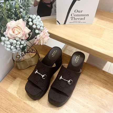 GUCCI 26S WEDGE SANDALS 100 MM IN DARK BROWN CANVAS