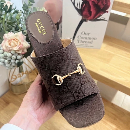 GUCCI 26S WEDGE SANDALS 100 MM IN DARK BROWN CANVAS