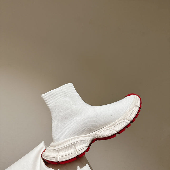 BALENCIAGA 25S SPEED TRAINER SNEAKERS 55 MM IN WHITE AND RED KNIT