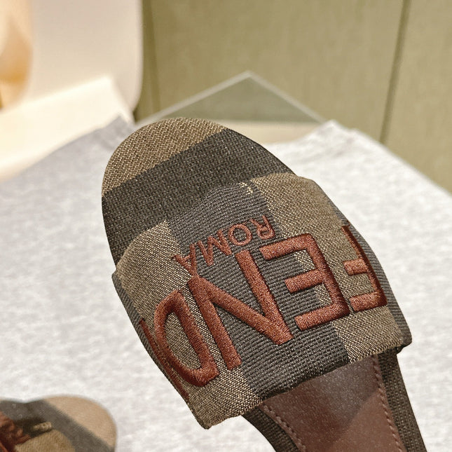FENDI 26S SLIDE SANDALS IN KHAKI & DARK BROWN CANVAS