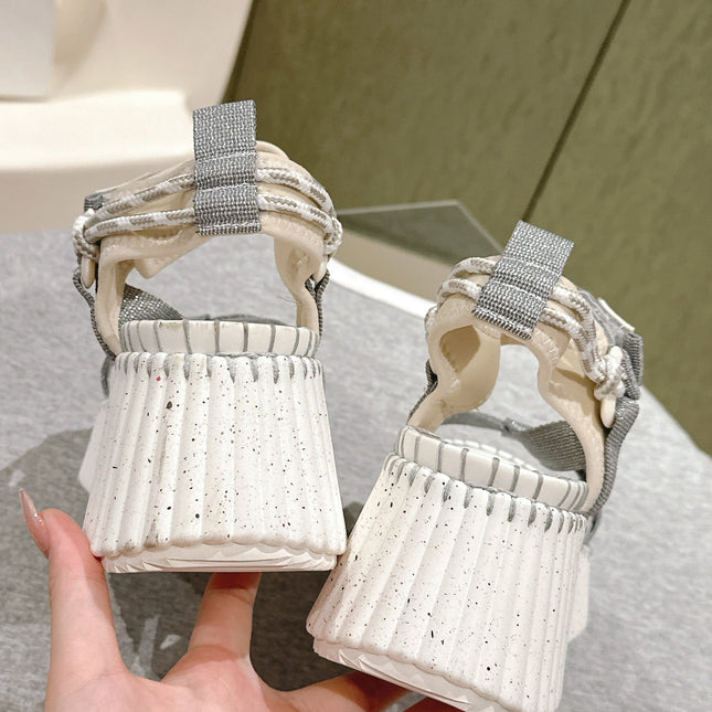 CHLOÉ 26S WEDGE SANDALS IN WHITE LAMBSKIN AND GREY CANVAS