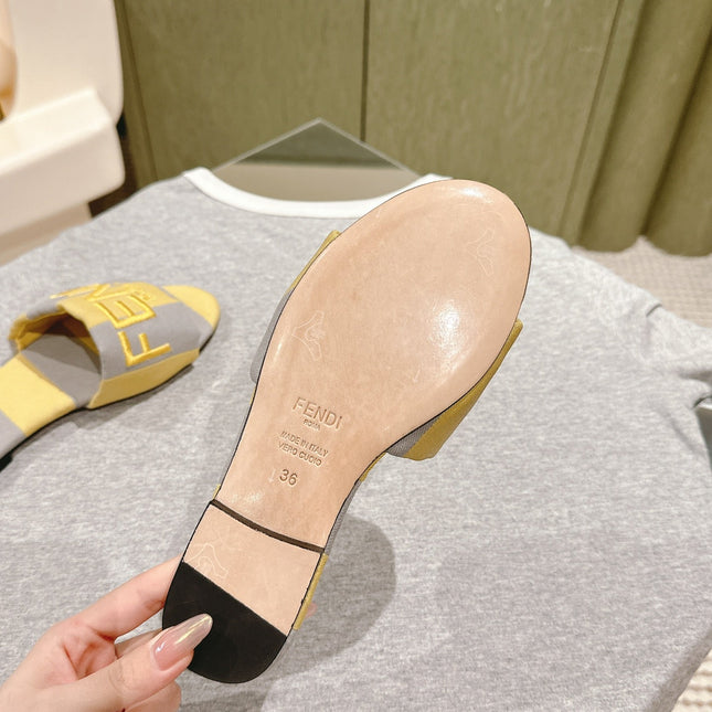 FENDI 26S SLIDE SANDALS IN YELLOW AND GREY CANVAS