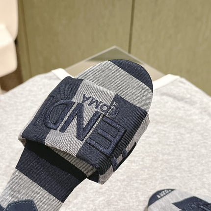 FENDI 26S SLIDE SANDALS IN DARK BLUE AND GREY CANVAS