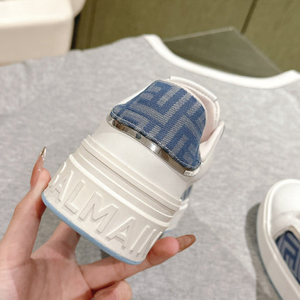 BALMAIN 26S SNEAKERS IN WHITE CALFSKIN AND BLUE CANVAS WITH BLUE SOLE