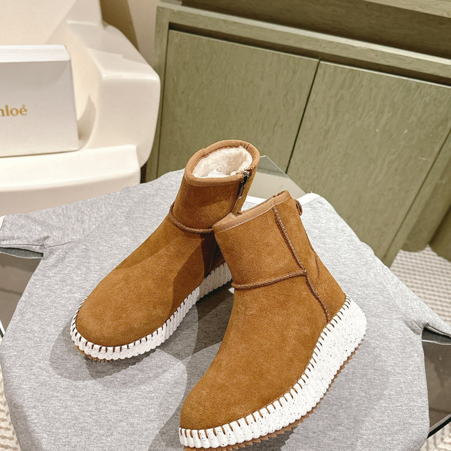 CHLOÉ 26S SHEARLING ANKLE BOOTS IN BROWN SUEDE