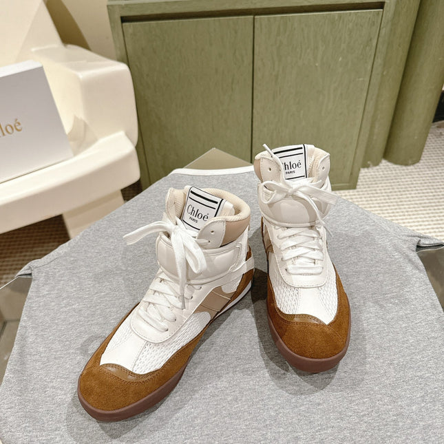 CHLOÉ 26S HIGH-TOP SNEAKERS IN WHITE CALFSKIN AND BROWN SUEDE