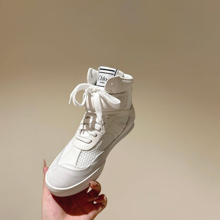 CHLOÉ 26S HIGH-TOP SNEAKERS IN WHITE CALFSKIN AND SUEDE