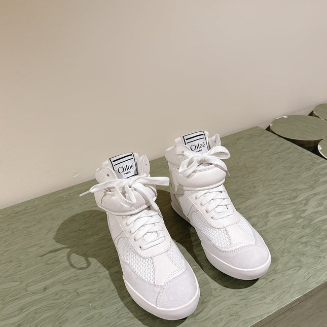 CHLOÉ 26S HIGH-TOP SNEAKERS IN WHITE CALFSKIN AND SUEDE
