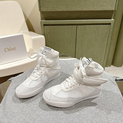 CHLOÉ 26S HIGH-TOP SNEAKERS IN WHITE CALFSKIN AND SUEDE