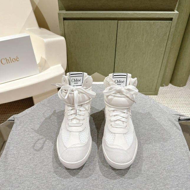 CHLOÉ 26S HIGH-TOP SNEAKERS IN WHITE CALFSKIN AND SUEDE