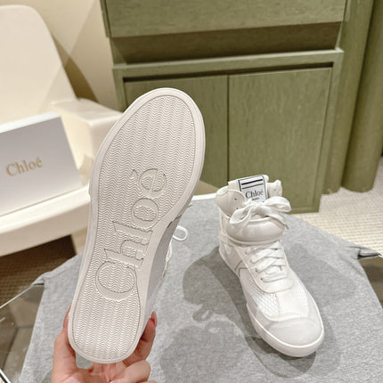 CHLOÉ 26S HIGH-TOP SNEAKERS IN WHITE CALFSKIN AND SUEDE