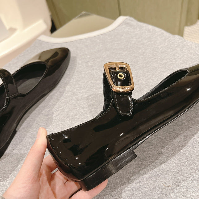 CHLOÉ 26S MARY JANE FLATS IN BLACK GLOSSY CALFSKIN
