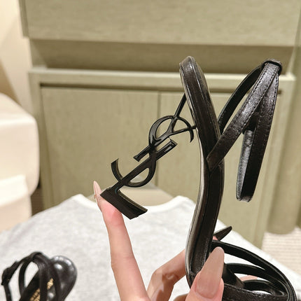 YSL 25S HIGH-HEEL SANDALS 100 MM IN BLACK LAMBSKIN WITH YSL LOGO HEEL DESIGN