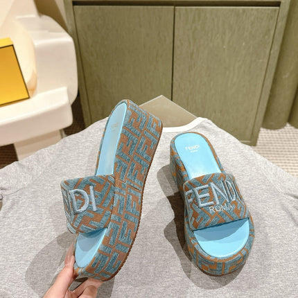 FENDI 26S PLATFORM SANDALS IN LIGHT BLUE AND BROWN FABRIC