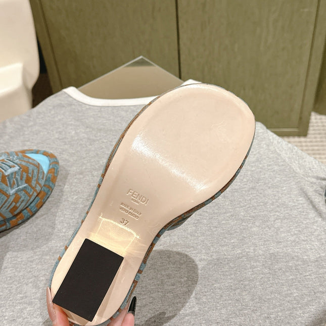 FENDI 26S HIGH SANDALS IN BLUE AND BROWN FABRIC