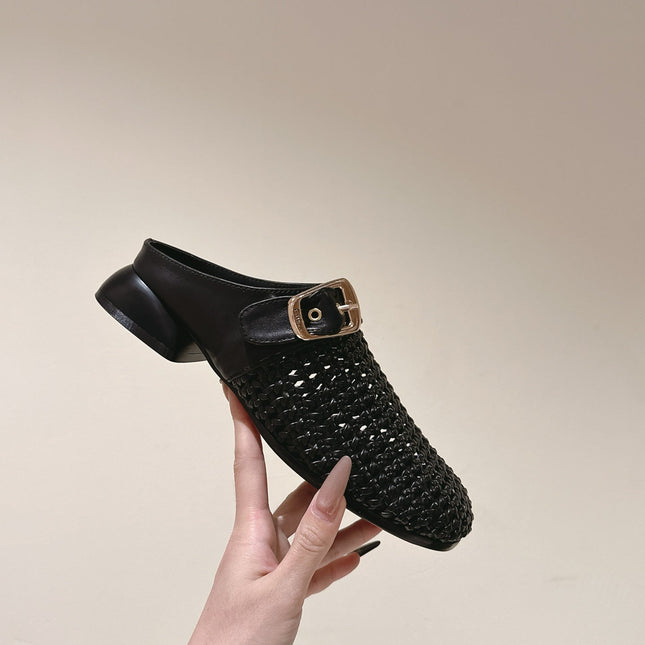 CHLOÉ 26S WOVEN MULES IN BLACK CALFSKIN