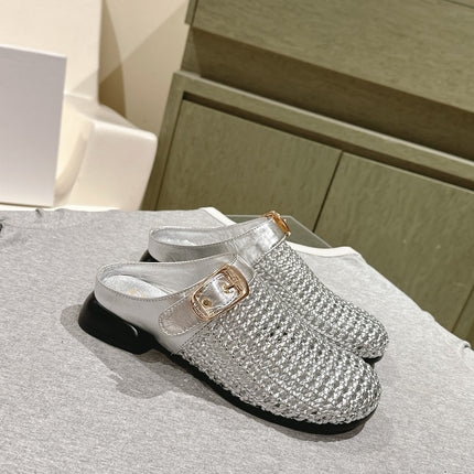 CHLOÉ 26S WOVEN MULES IN SILVER CALFSKIN