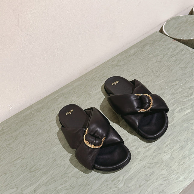 FENDI 26S WIDE CROSS-STRAP SANDALS IN BLACK LAMBSKIN