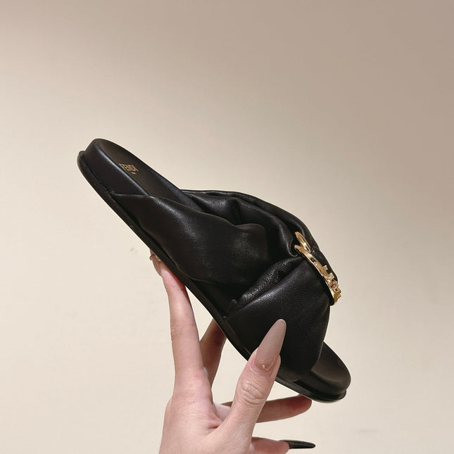 FENDI 26S WIDE CROSS-STRAP SANDALS IN BLACK LAMBSKIN