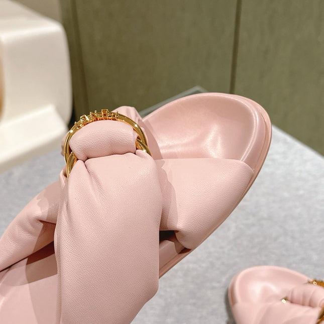 FENDI 26S WIDE CROSS-STRAP SANDALS IN LIGHT PINK LAMBSKIN