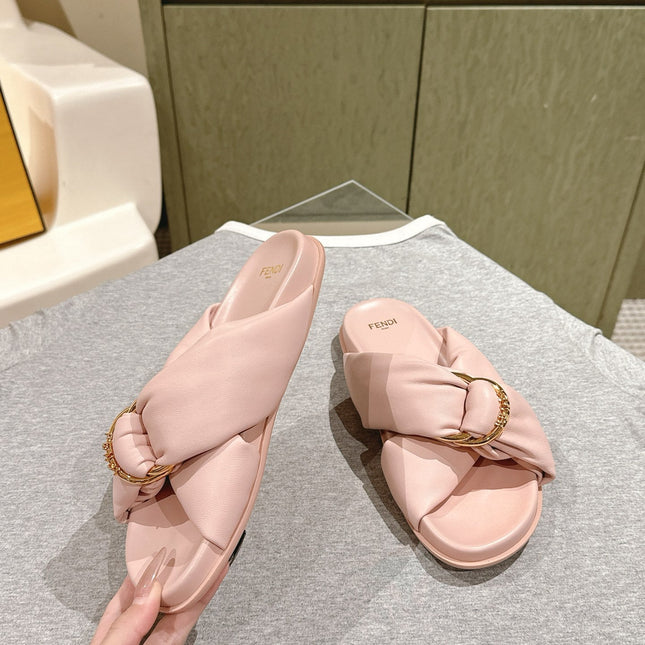 FENDI 26S WIDE CROSS-STRAP SANDALS IN LIGHT PINK LAMBSKIN
