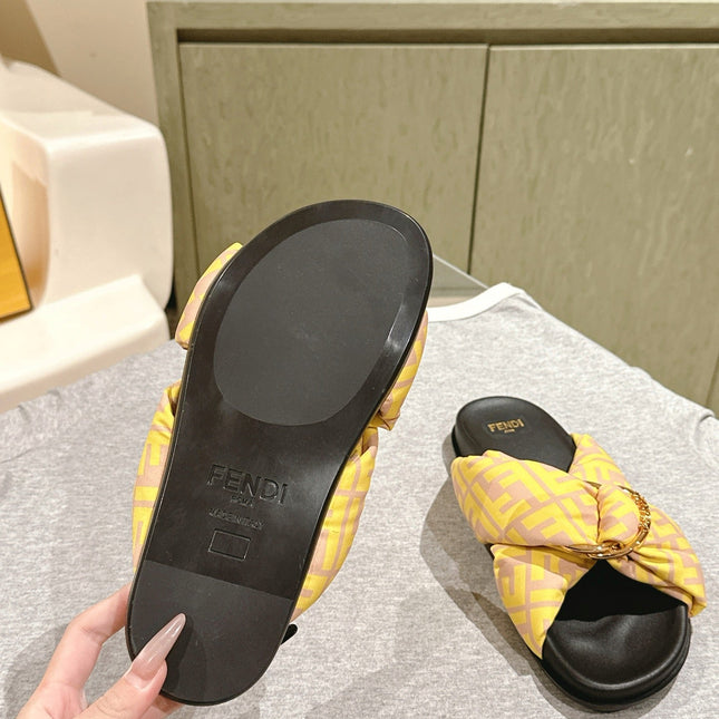 FENDI 26S WIDE CROSS-STRAP SANDALS IN YELLOW FABRIC