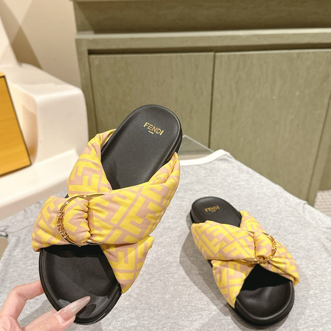 FENDI 26S WIDE CROSS-STRAP SANDALS IN YELLOW FABRIC