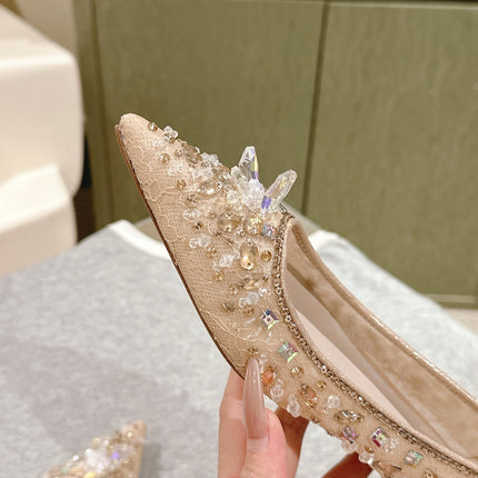 RENE CAOVILLA 26S BALLET FLATS IN BEIGE LACE FABRIC CRYSTAL EMBELLISHED